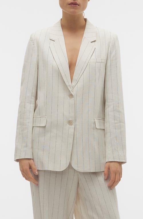 Vero Moda Mindy Loose Fit Pinstripe Linen Blend Blazer In Oatmeal Stripes Grey