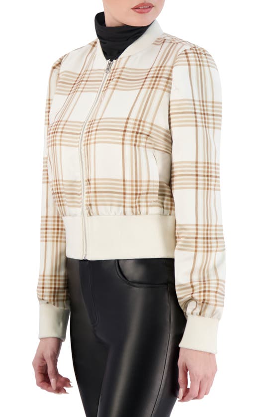 Shop Ookie & Lala Plaid Satin Bomber Jacket In Cream