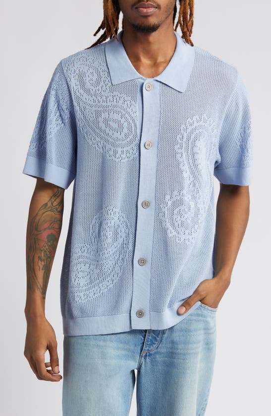 Obey Teardrop Open Knit Short Sleeve Button-up Shirt In Hydrangea