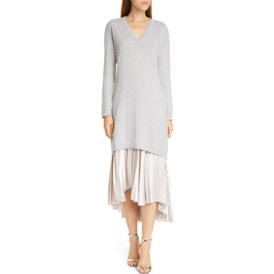 Fabiana Filippi Long Sleeve Cashmere Sweater & Satin Skirt Two-Piece Dress, US / 42 IT - Grey