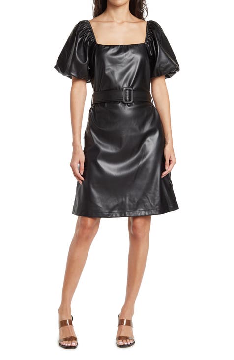 Milana Puff Sleeve Belted Faux Leather Dress