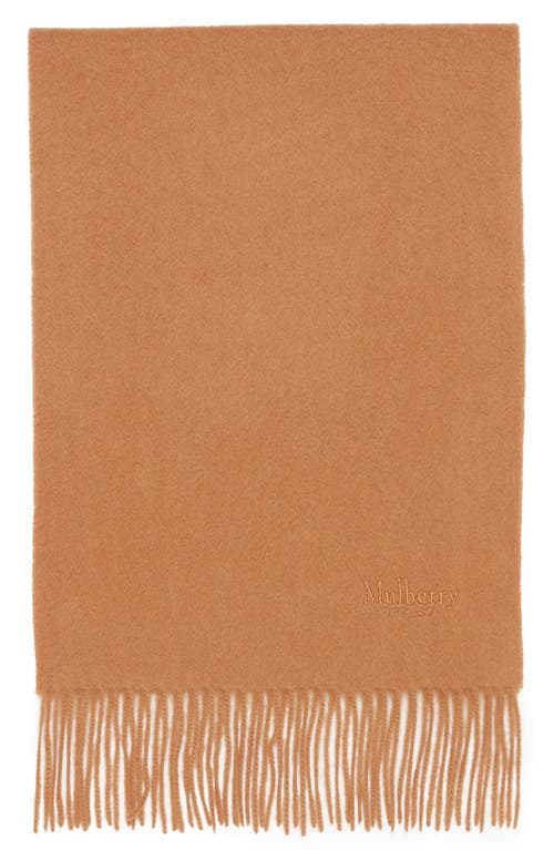 Mulberry Embroidered Logo Fringe Trim Cashmere Scarf in Dark Camel at Nordstrom