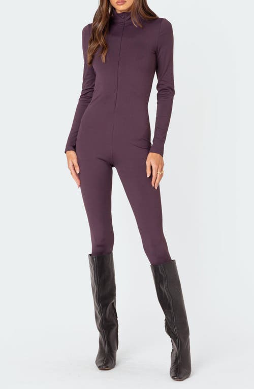 EDIKTED Zip Front Long Sleeve Jumpsuit Mauve at Nordstrom,