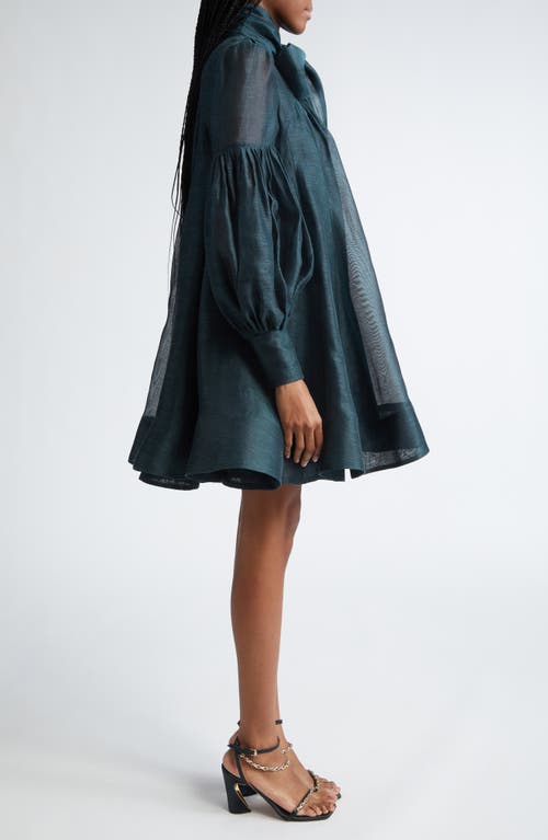 Shop Zimmermann Pavilion Long Sleeve Bow Neck Linen & Silk Dress In Pine