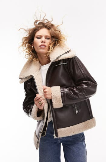 Topshop Faux Shearling Aviator Jacket in White