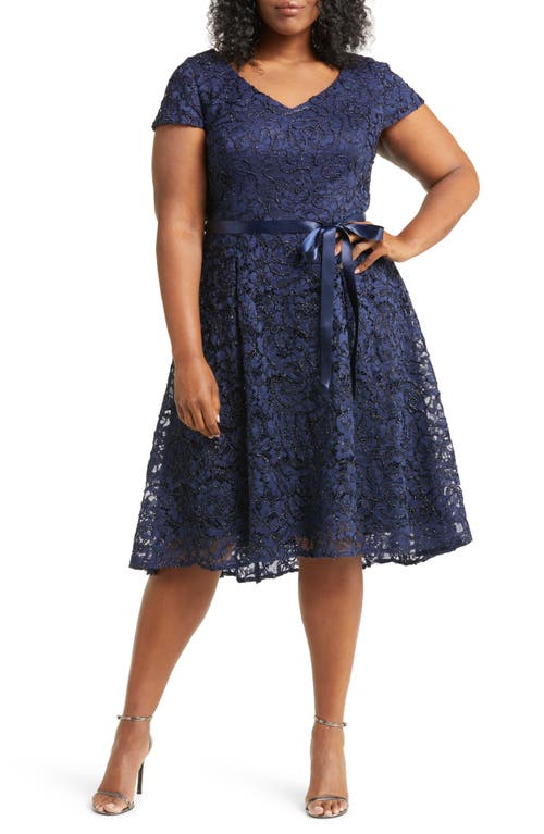 Alex Evenings Cap Sleeve Lace Cocktail Midi Dress in Navy