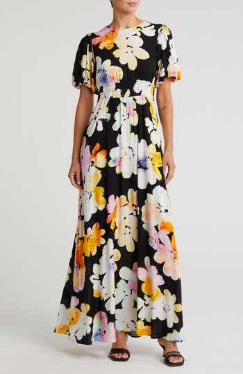 By Design Ophelia Puff Sleeve Maxi Dress In Blurred Water Flower