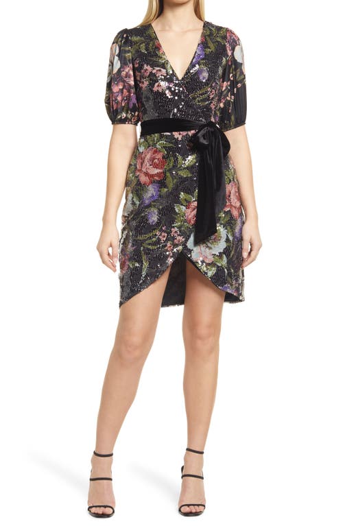 BTFL-life Floral Print Short Sleeve Sequin Dress in Black Multi