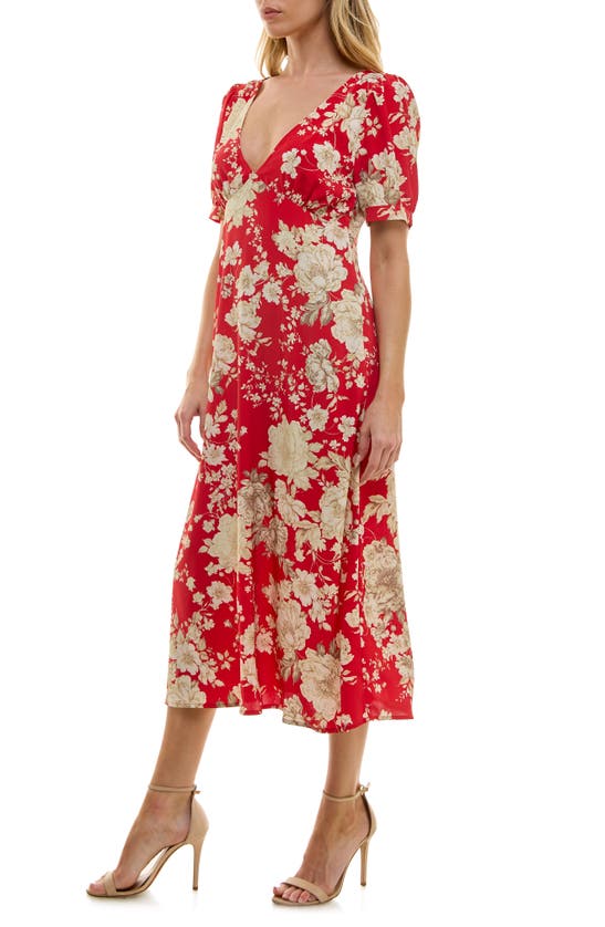 Shop Socialite Puff Sleeve Bias Midi Dress In Red Floral