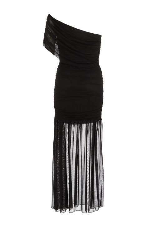 Quiz Mesh One Shoulder Drop Waist Maxi Dress In Black