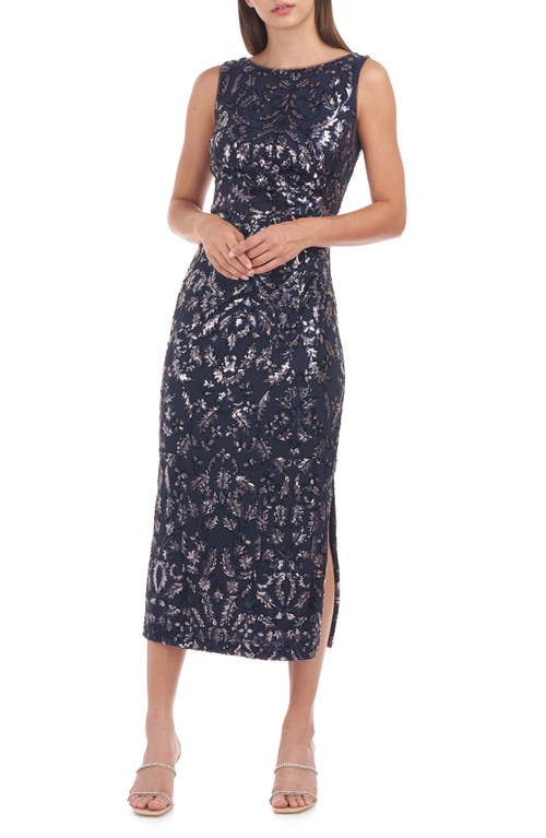 JS Collections Annie Sequin Midi Dress in Navy/Blush