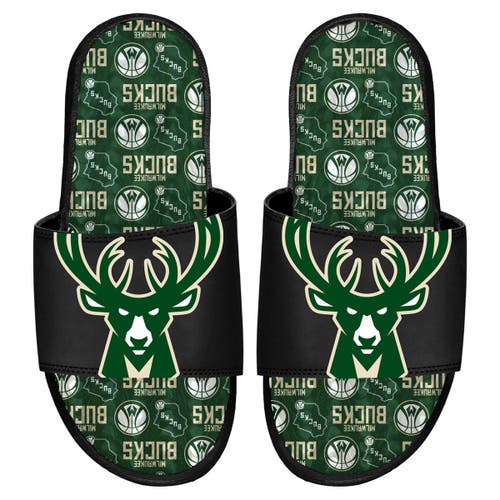 ISLIDE Milwaukee Bucks Team Pattern Gel Slide Sandals in Black