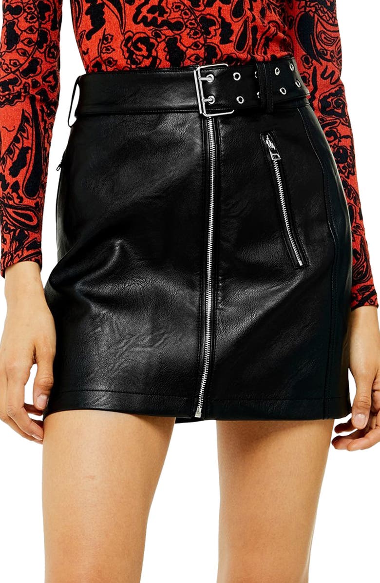TOPSHOP Hardware Faux Leather Miniskirt, Main, color, BLACK