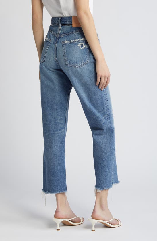 Shop Moussy Peccole Frayed High Waist Ankle Relaxed Straight Leg Jeans In Dark Blue