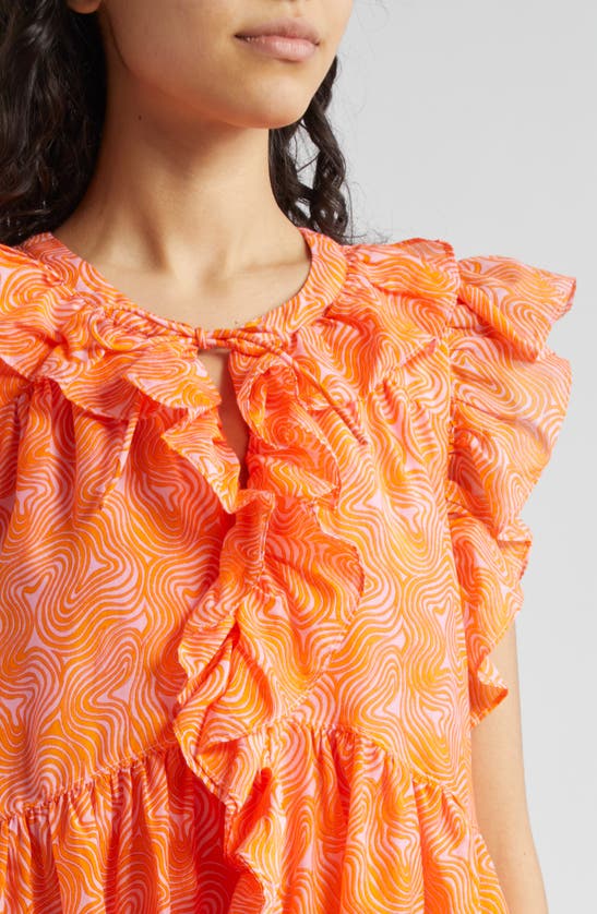Shop Cinq À Sept Letitia Waves Print Cotton & Silk Trapeze Minidress In Pale Flamingo/ Orange