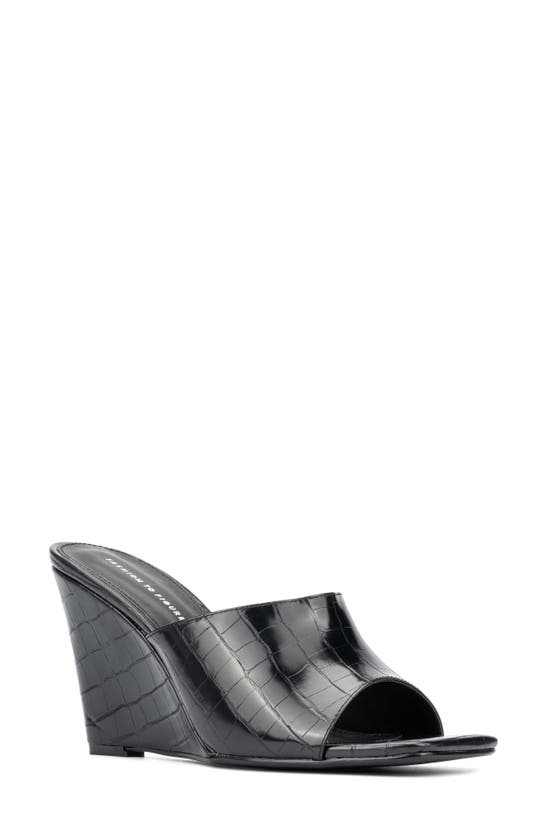 Fashion To Figure Raina Croc Embossed Wedge Sandal In Black
