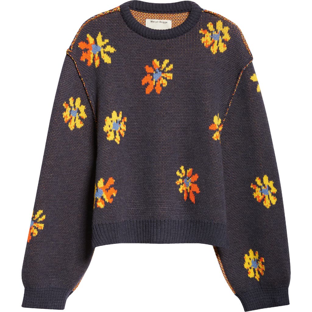 Meryll Rogge Daisy Jacquard Merino Wool Sweater In Navy Yellow