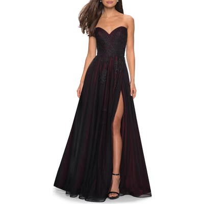 La Femme Strapless Embroidered Mesh Ballgown, 8 (similar to 16W-18W) - Black
