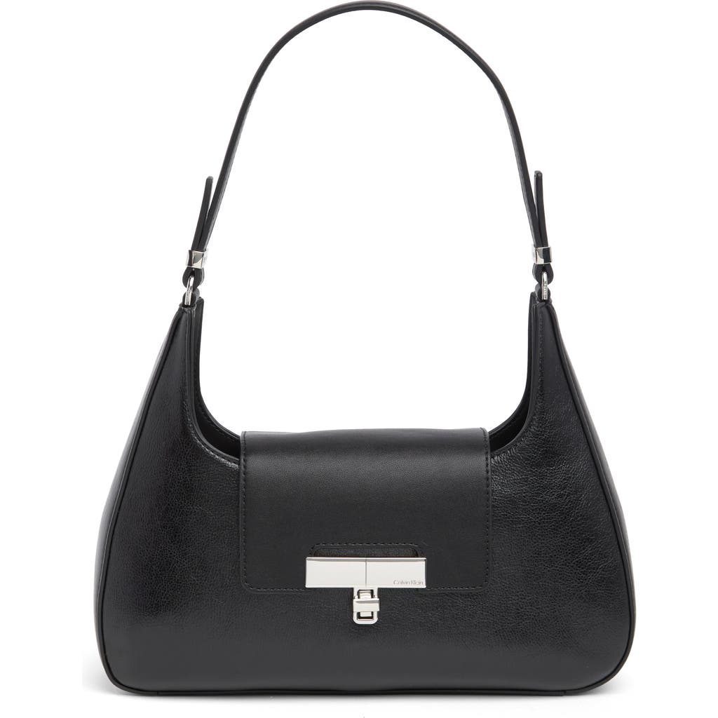 Shop Calvin Klein Becky Faux Leather Shoulder Bag In Black/silver