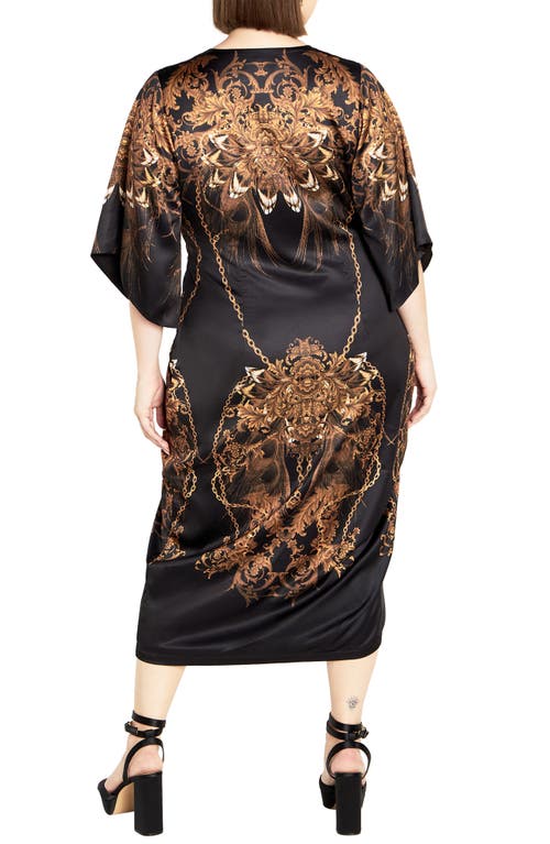 Shop City Chic Priscilla Print Twist Front Midi Dress In Black/gold Lavish