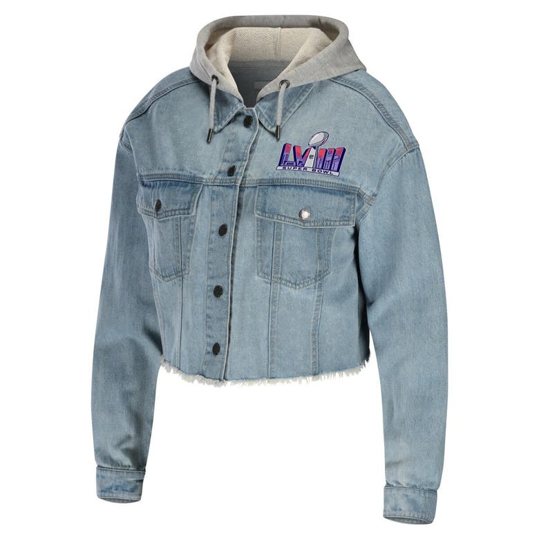 Shop Wear By Erin Andrews Denim Super Bowl Lviii Cropped Hoodie Full-snap Jacket