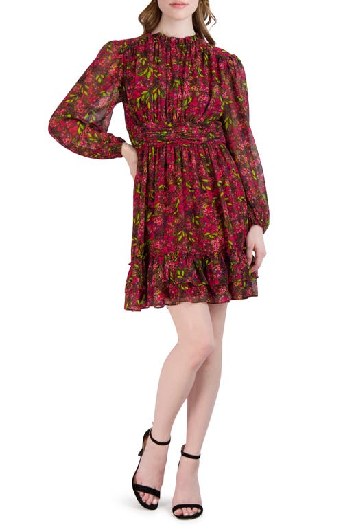 Julia Jordan Floral Print Gathered Long Sleeve Dress in Red Multi