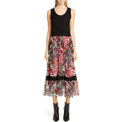 Fuzzi Mistical Print Pointelle Bodice Midi Dress, Red