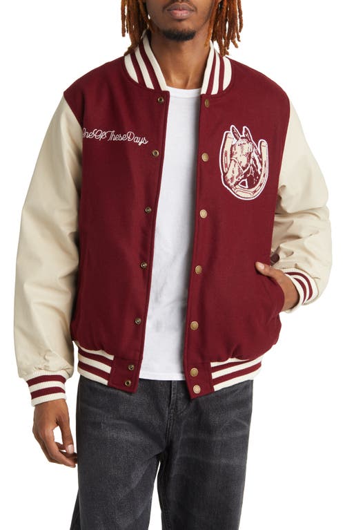 One Of These Days Horseshoe Cardinal Wool & Leather Varsity Bomber Jacket In Red