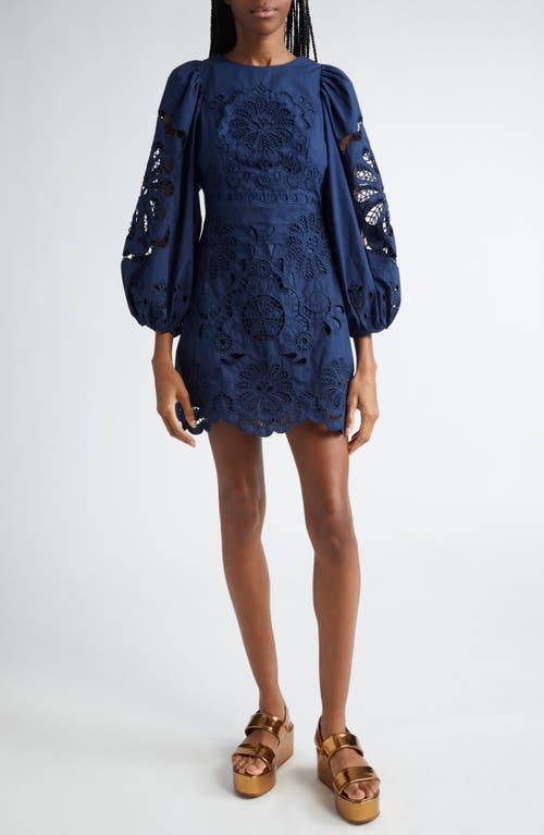 Shop Farm Rio Eyelet Balloon Sleeve Cotton Minidress In Navy Blue