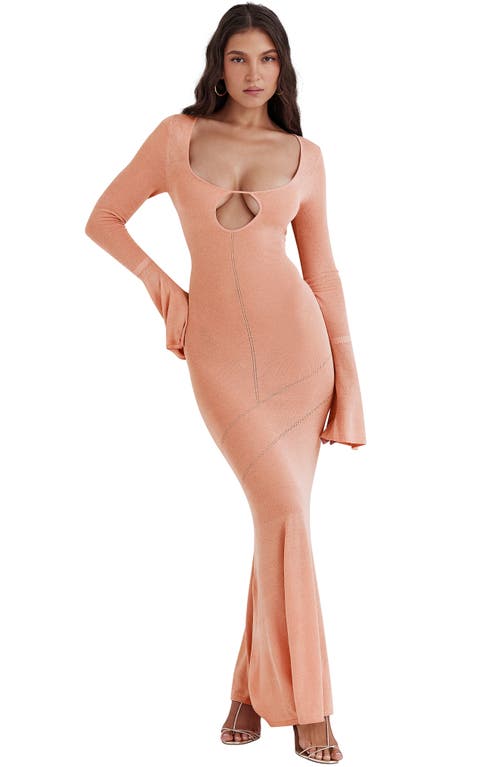 Shop House Of Cb Sereia Metallic Cutout Long Sleeve Knit Maxi Dress In Mellow Rose