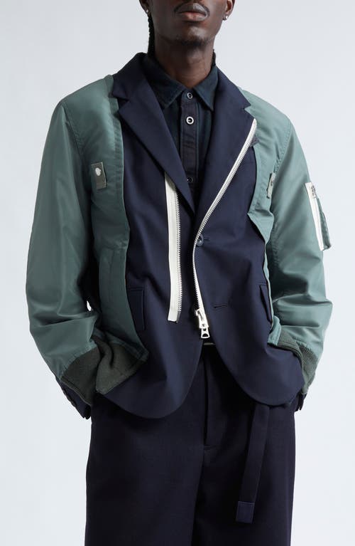 Shop Sacai Mixed Media Suiting Bomber Jacket In Green/dark Blue