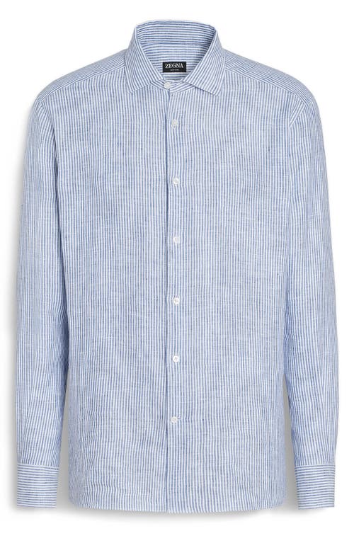 Zegna Stripe Oasi Linen Button-up Shirt In Blue