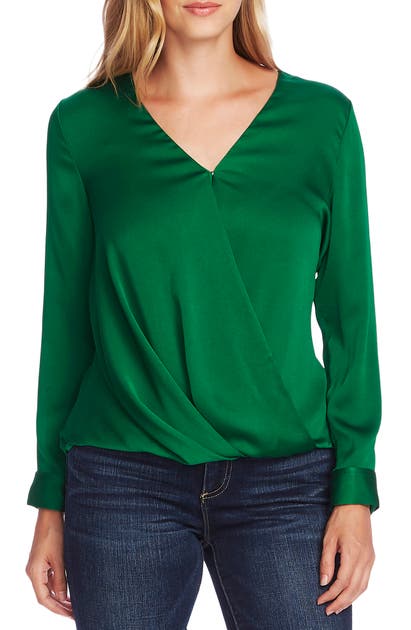Vince Camuto Faux Wrap Satin Blouse In Everglade