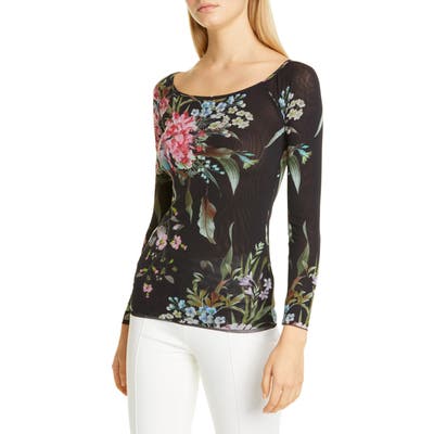 Fuzzi Floral Sequin Embellished Mesh Top, Black
