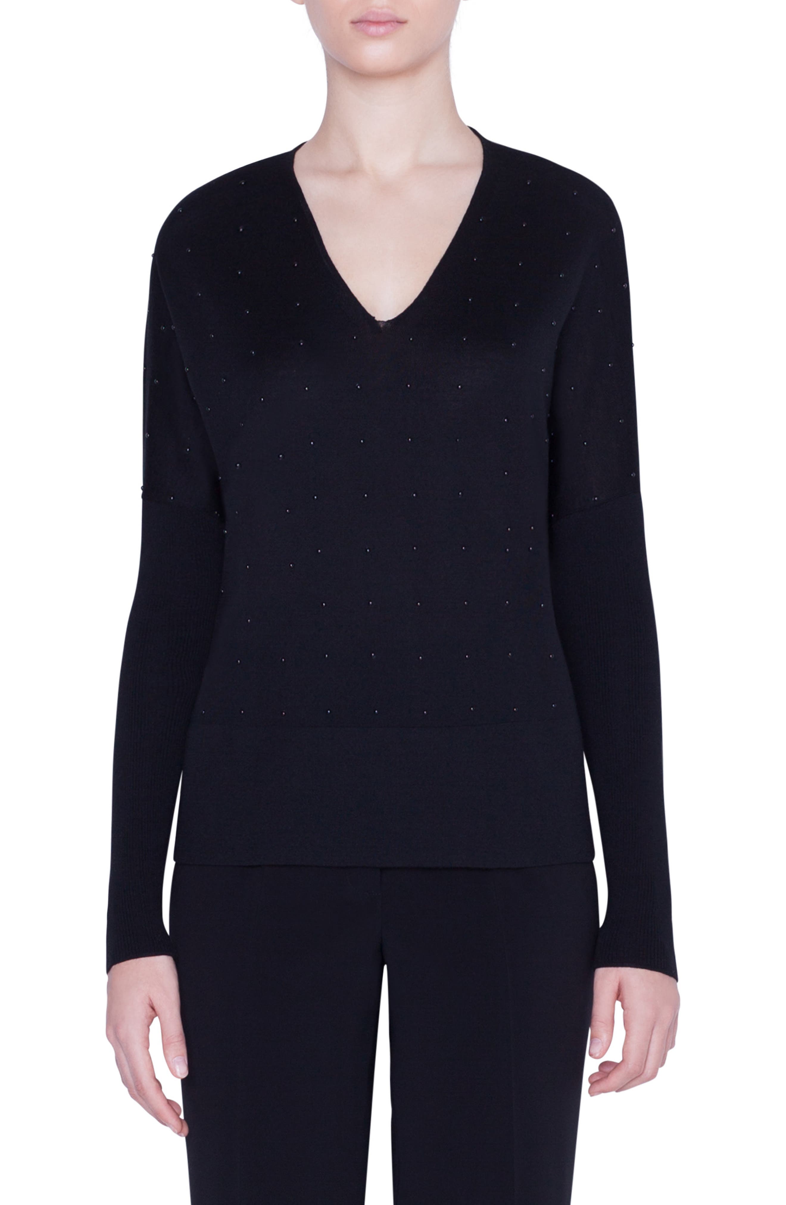 Akris Punto Studded V-Neck Merino Wool Sweater, Black