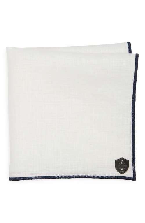 White Linen Pocket Square with Navy Trim