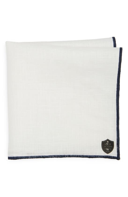 Clifton Wilson White Linen Pocket Square With Navy Trim In Navy
