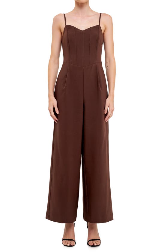 Shop Endless Rose Bustier Wide Leg Jumpsuit In Chocolate