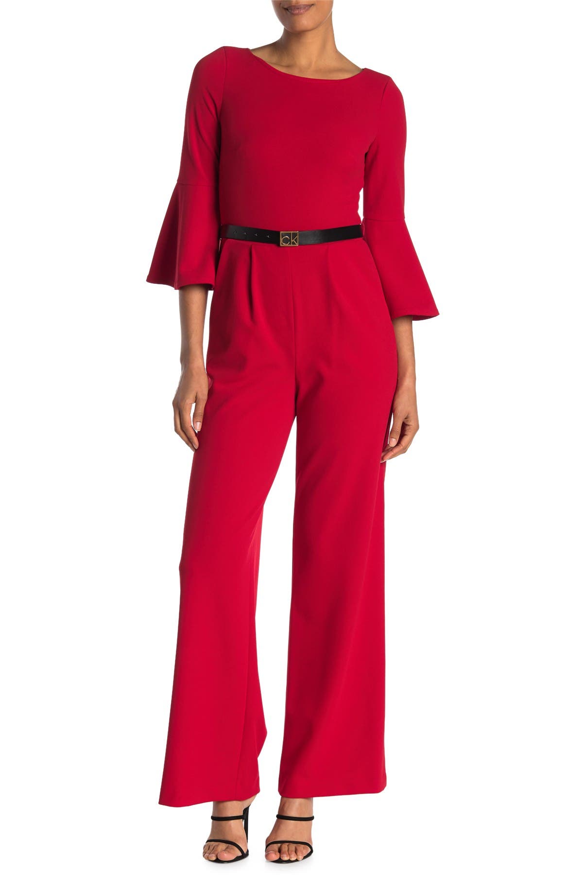 red jumpsuit with bell sleeves
