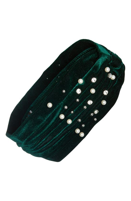 Tasha Imitation Pearl & Crystal Velvet Head Wrap In Emerald