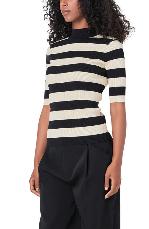 Shop Endless Rose Stripe Short Sleeve Mock Neck Sweater In Black/nude