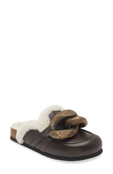 Designer Wooden Mules: Womens Fur Canvas Slides With Shearling