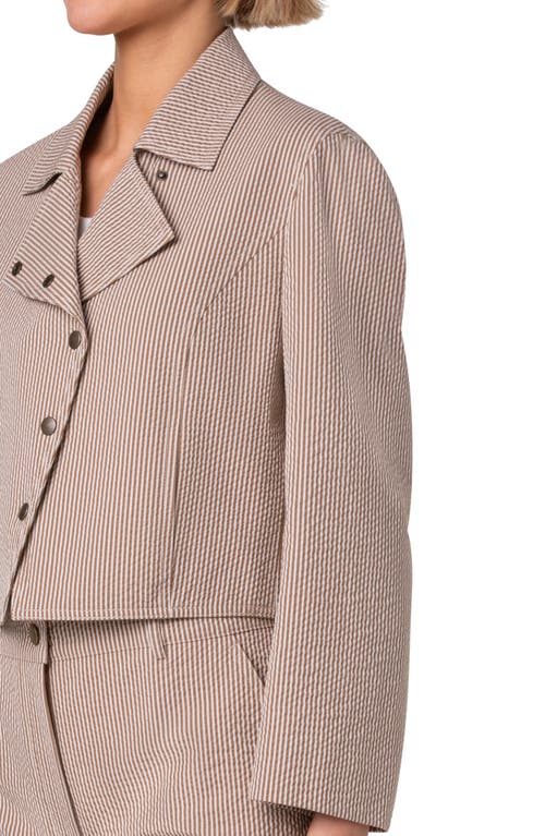 Shop Akris Punto Stripe Seersucker Biker Jacket In Toffee-cream