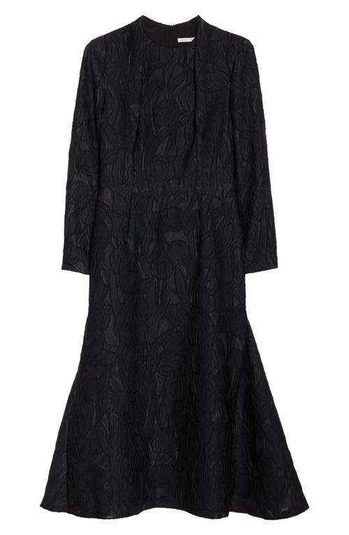 Emilia Wickstead Seneca Burnout Floral Jacquard Long Sleeve Fit & Flare Dress In Black On Black