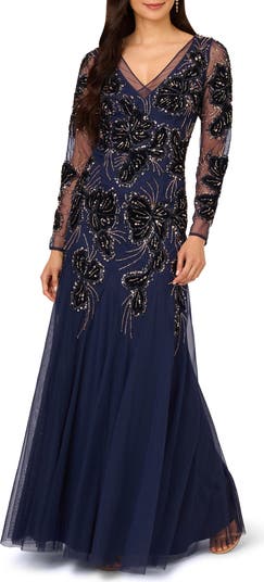 Adrianna papell long sleeve beaded gown hotsell