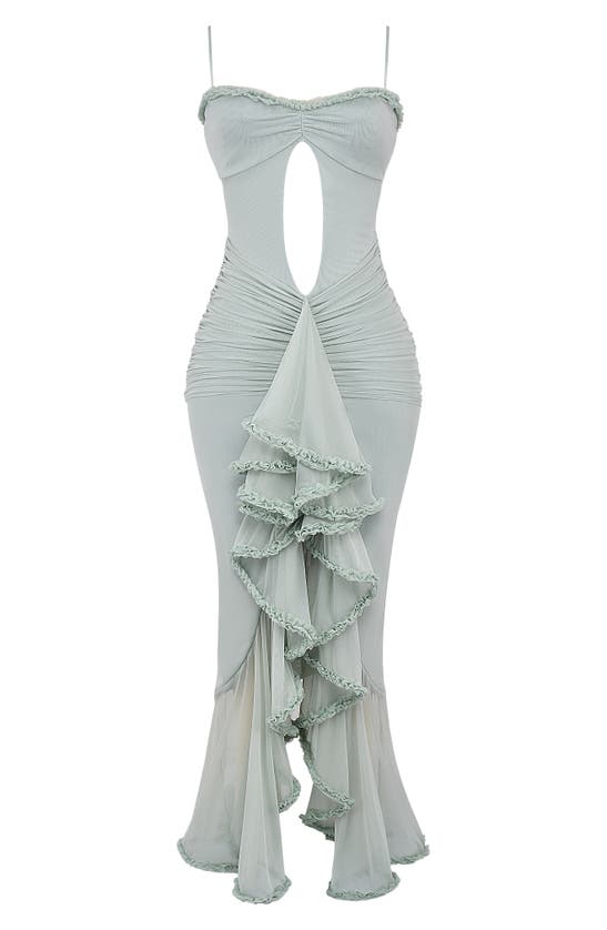 House Of Cb Gabriella Keyhole & Ruffle Mesh Body-con Gown In Aqua