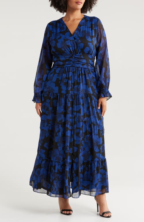 Chelsea28 Floral Print Metallic Long Sleeve Maxi Dress in Black- Blue Aquarelle Floral 