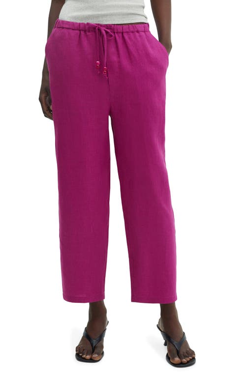 Shop Mango Elastic Waist Crop Straight Leg Linen Pants In Fuschia
