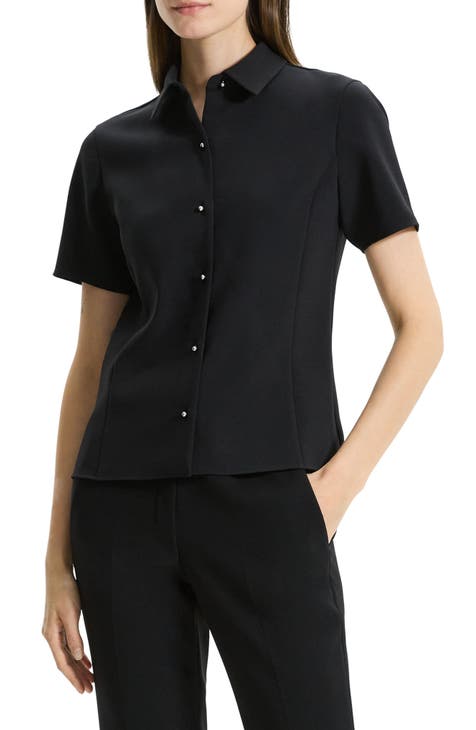 Fitted Short Sleeve Crepe Button-Up Shirt