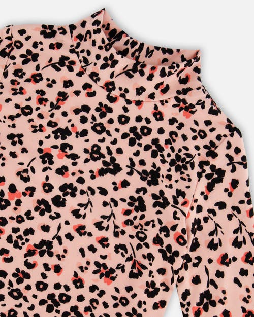 Shop Deux Par Deux Girl's Long Sleeve Mock Neck Top Pink Printed Leopard Flowers In Animal Flowers Print